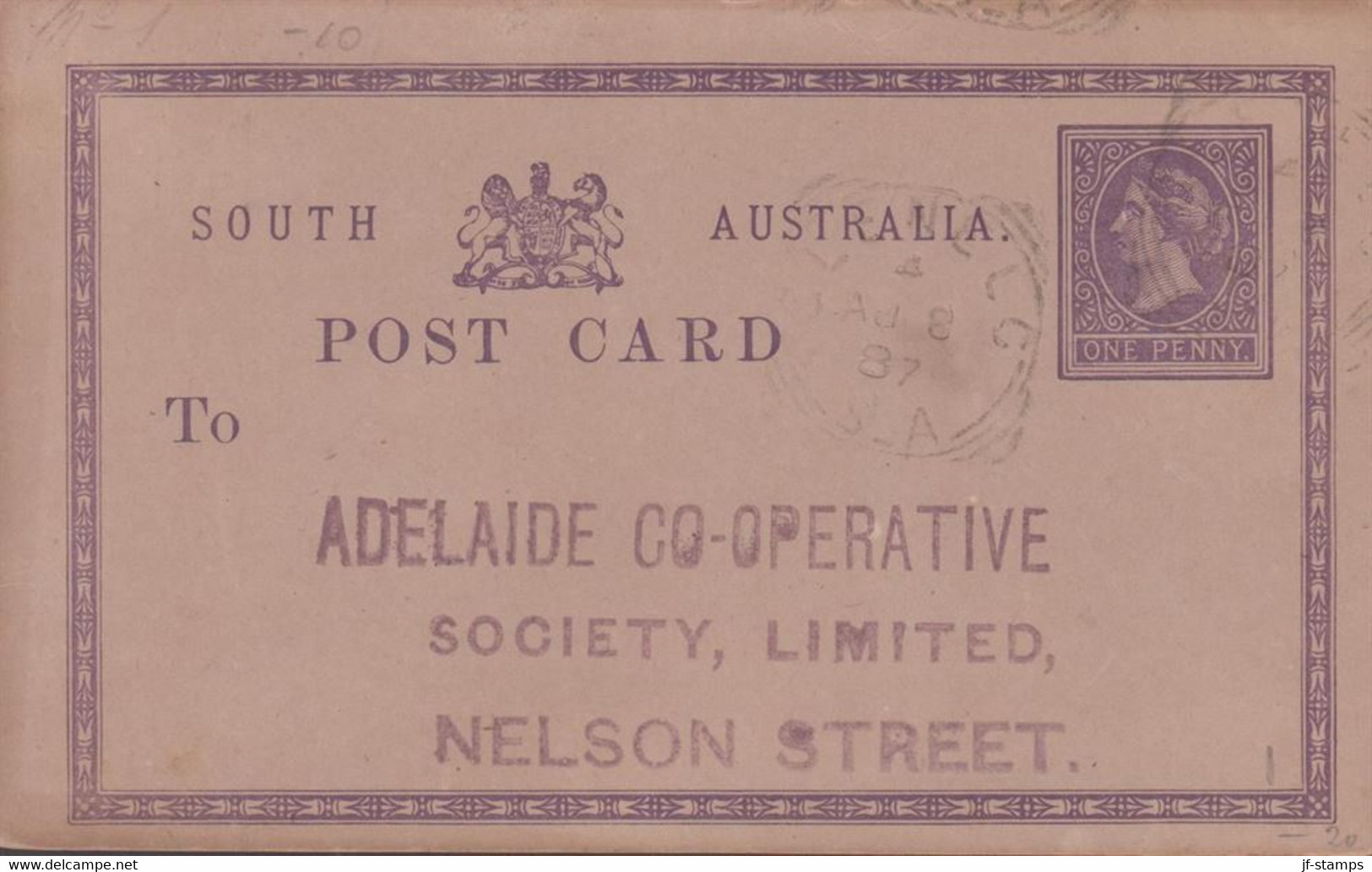 1887. SOUTH AUSTRALIA. ONE PENNY. POST CARD. SLENELC AU 8 87 To ADELAIDE CO-OPERATIVE SOCIETY, LIMITED, NE... - JF429851 - Cartas & Documentos