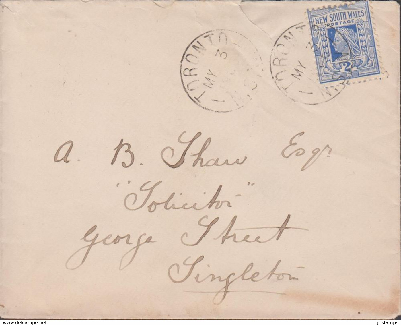 1906. NEW SOUTH WALES. 2½ D Victoria On Letter To Singleton Cancelled TORONTO N.S.W. MY 3 1906... (Michel 95) - JF429866 - Covers & Documents