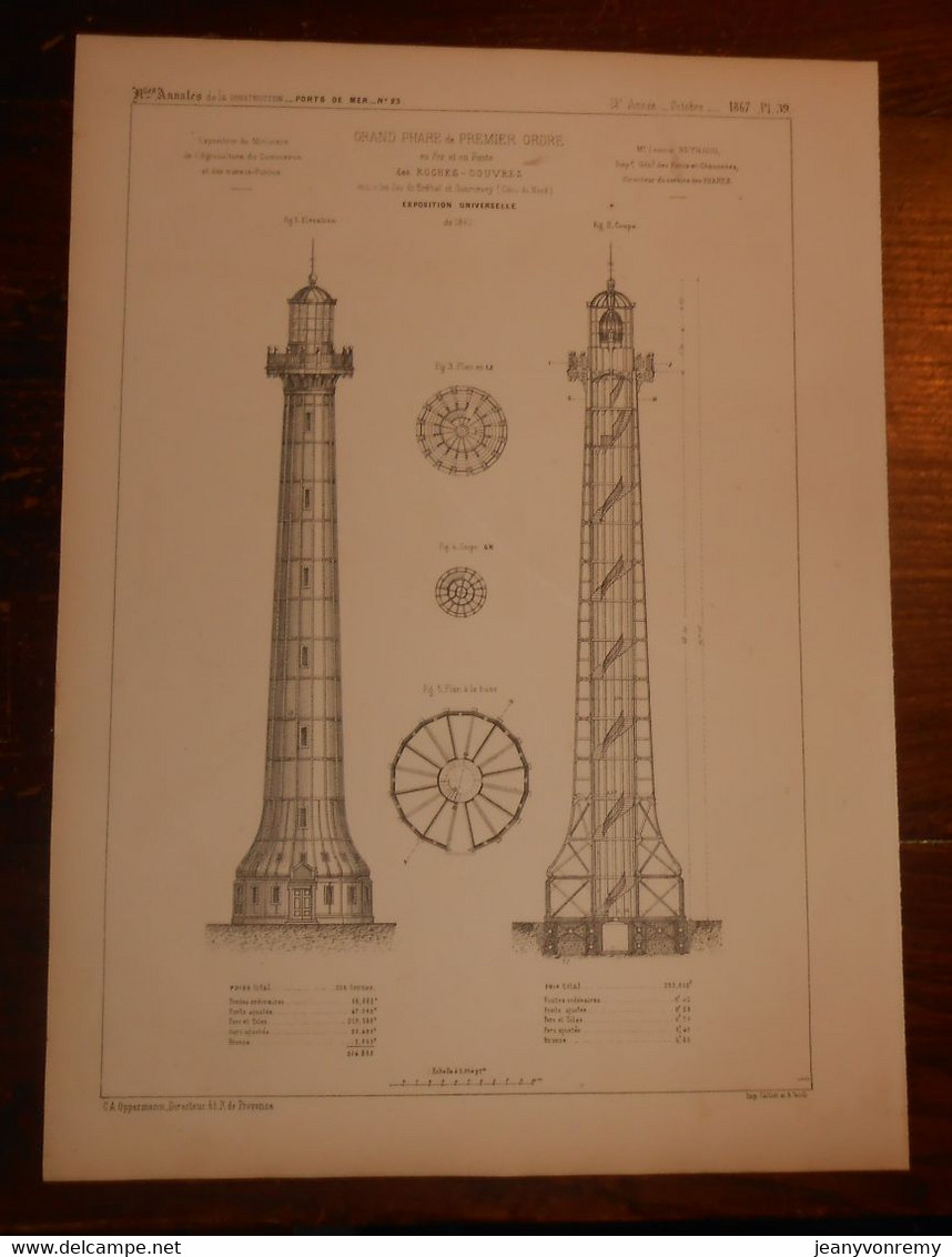 Plan De Grand Phare De Premier Ordre En Fer Et En Fonte Des Roches Douvres. 1867. - Arbeitsbeschaffung