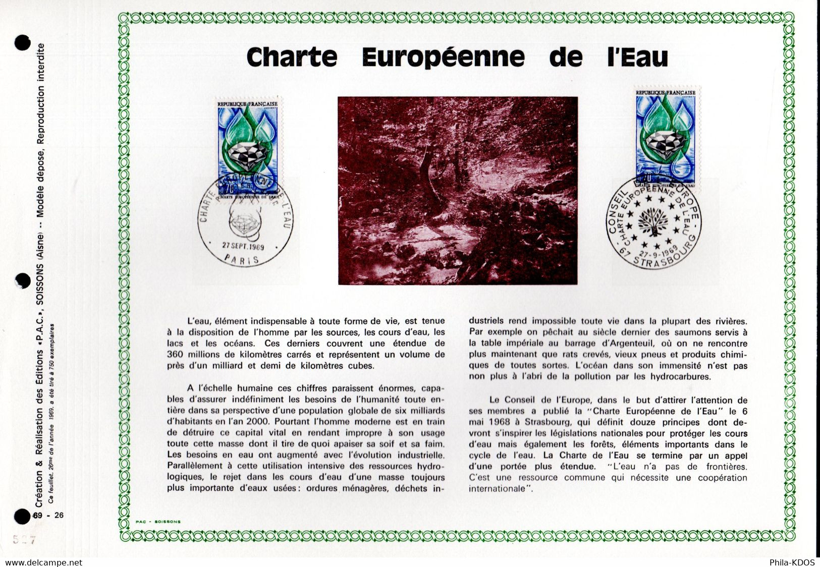 &#9989; RRR 750 Ex. "  CHARTE EUROPEENNE DE L'EAU " Sur Feuillet PAC 1er Jour RARE De 1969 2 N° YT 1612 Parfait état RRR - Environment & Climate Protection