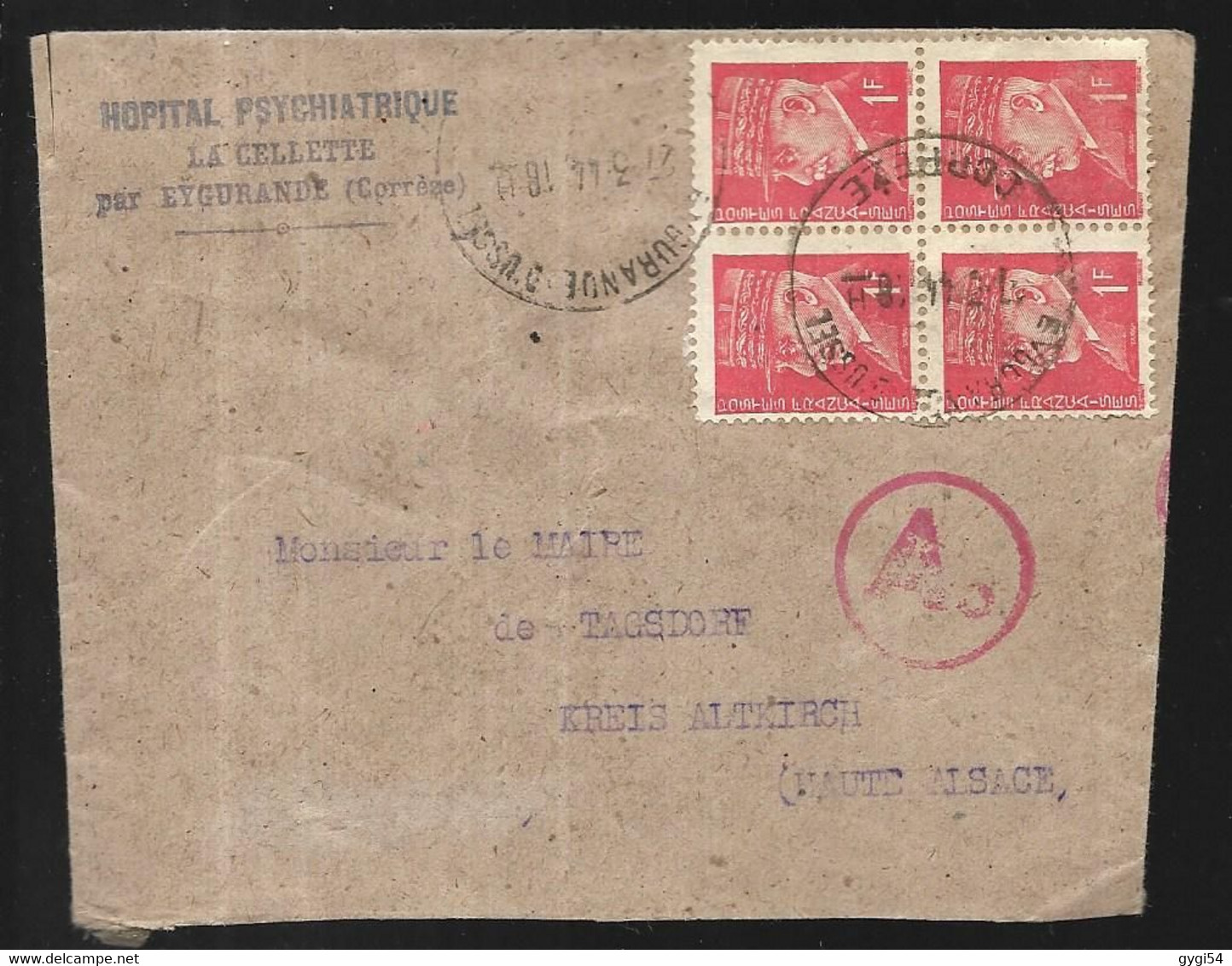 France  Lettre Censurée Du 27 03 1944 De Eygurande  (398 H  En  Corrèze ) Pour   Tagsdorf  ( 300 H Dans Le Haut Rhin ) - Briefe U. Dokumente