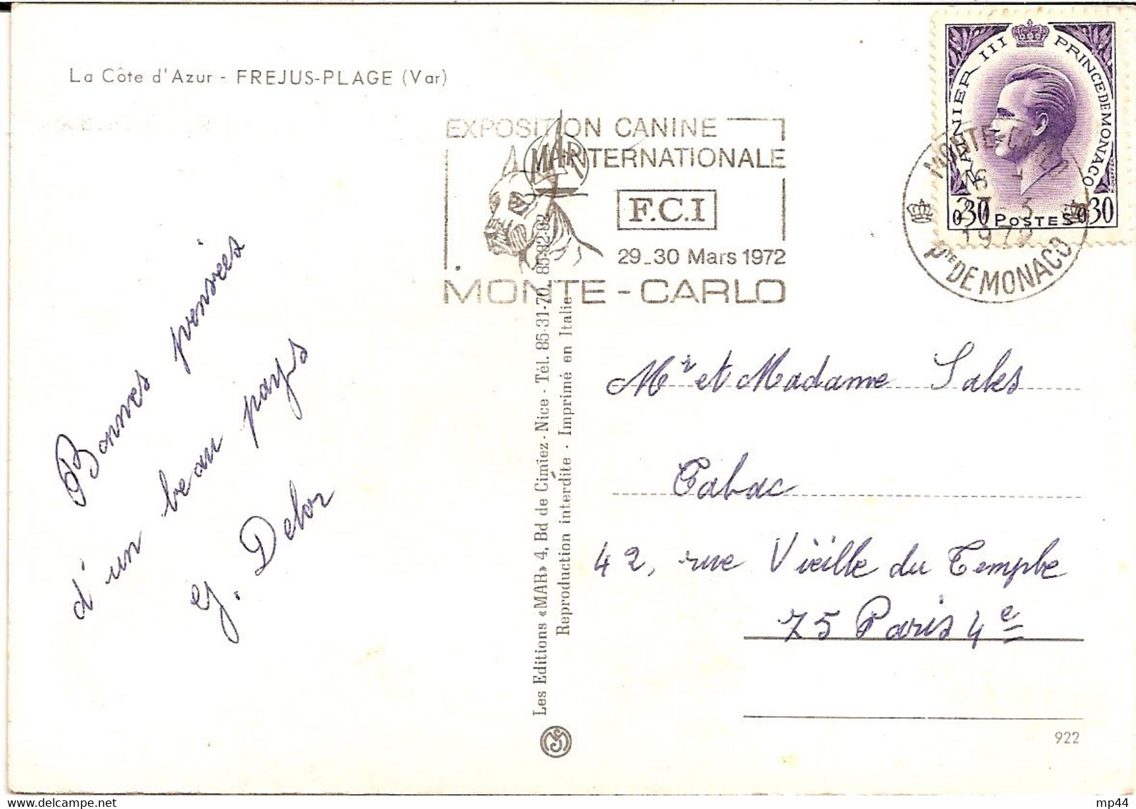 3I6 --- Monaco MONTE CARLO Exposition 1972 Thème Chien - Maschinenstempel (EMA)