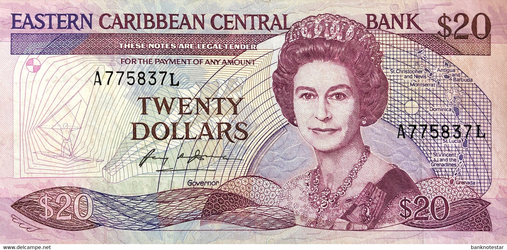 East Caribbean States 20 Dollars, P.19l (1985) - Extremely Fine - St. Lucia Issue - RARE - East Carribeans