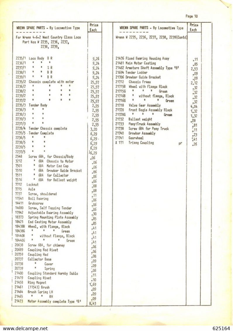 Catalogue HORNBY & WRENN 1982 Spare Parts Catalogue Price List GBP - English