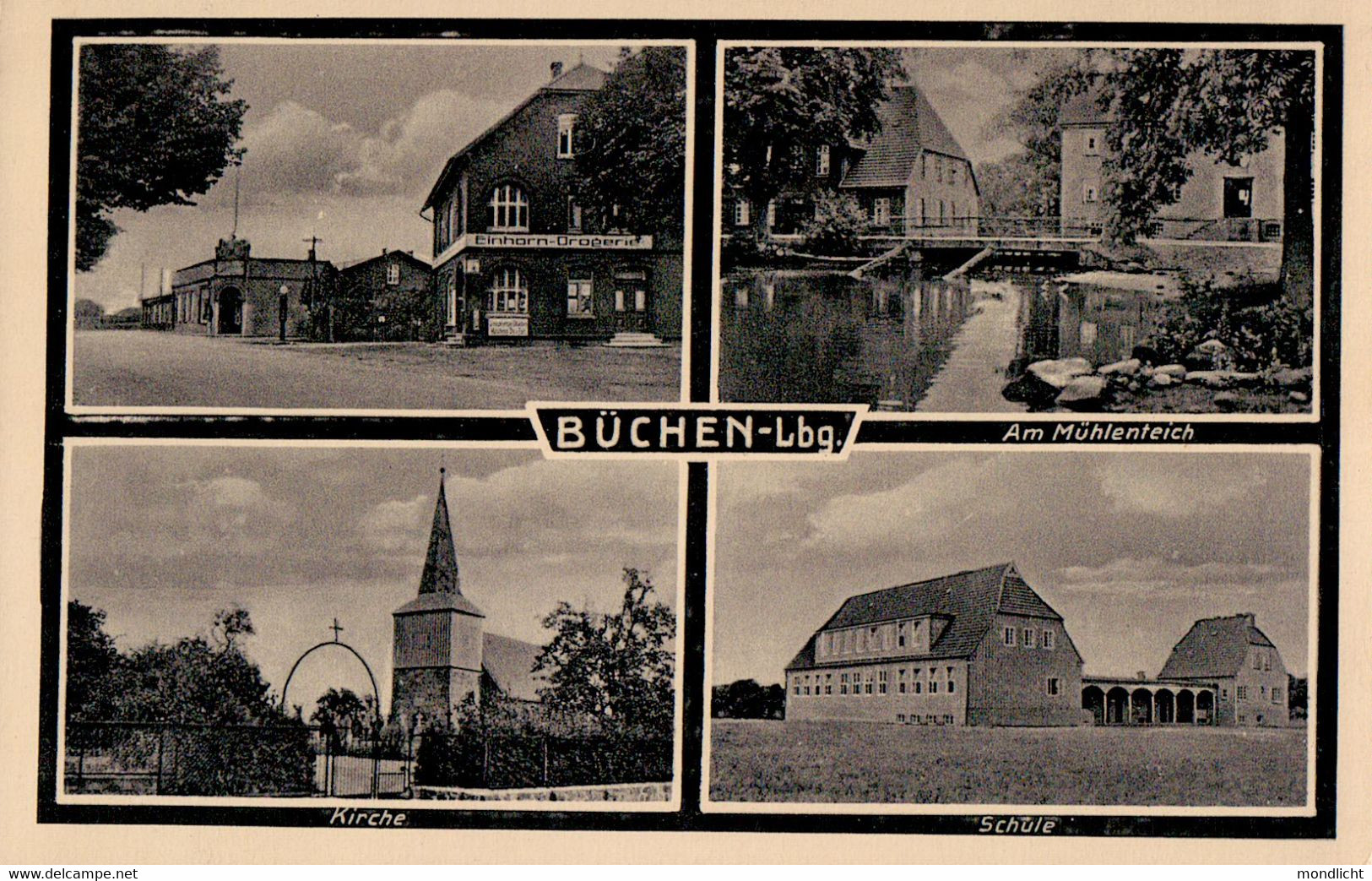 Büchen, Lauenburg. Einhorn-Drogerie, Am Mühlenteich, Kirche, Schule. - Lauenburg