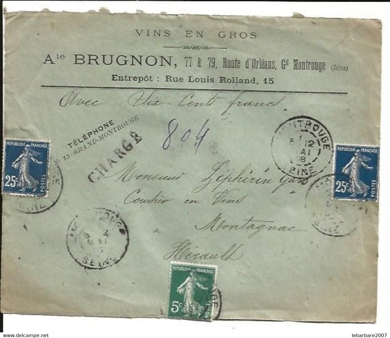 BRUGNON - MONTROUGE A MONTAGNAC -    3 TIMBRES SEMEUSE - 1877-1920: Periodo Semi Moderno