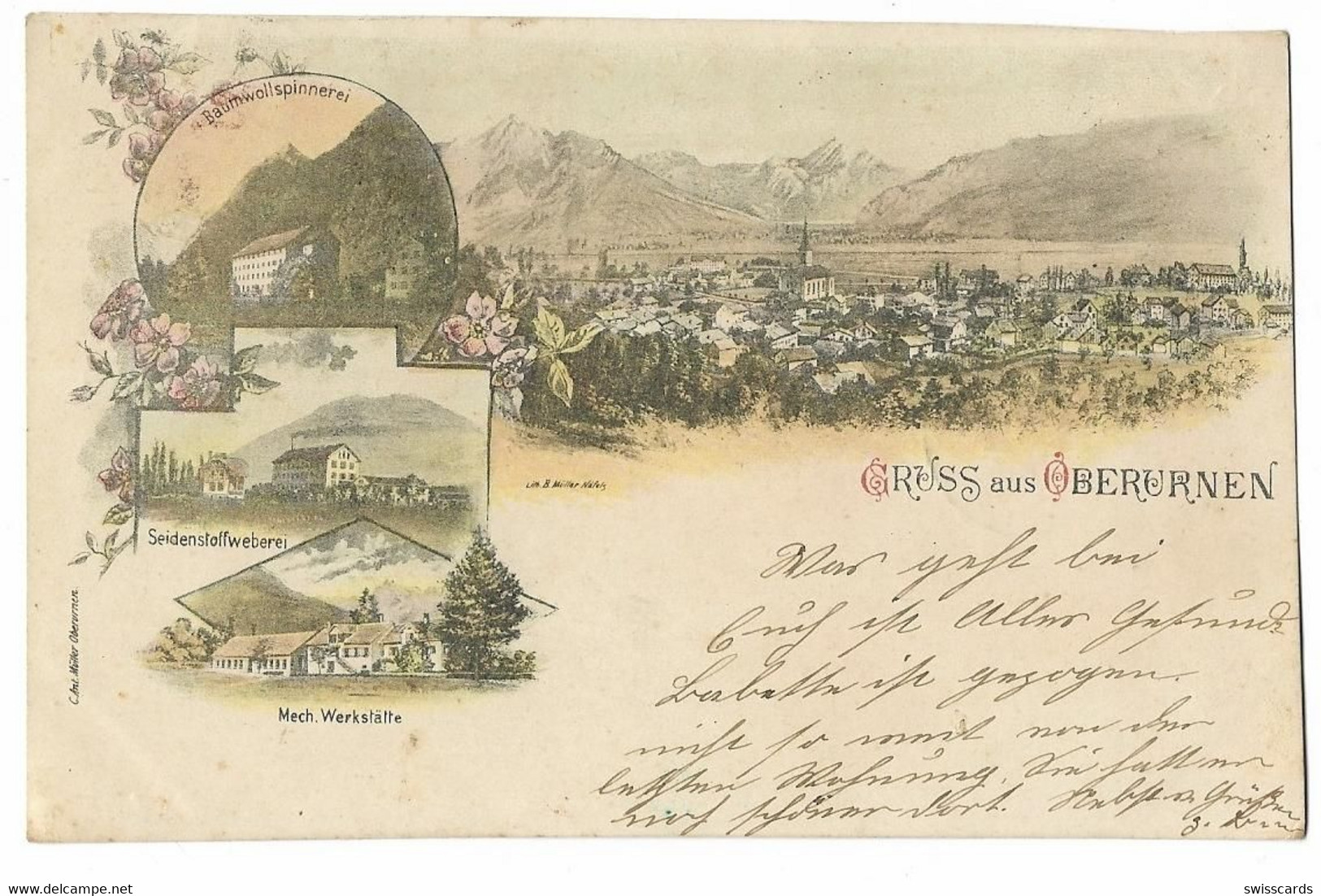 Gruss Aus OBERURNEN: 4-Bild-Litho Mit Fabriken, Stabstempel 1902 - Oberurnen