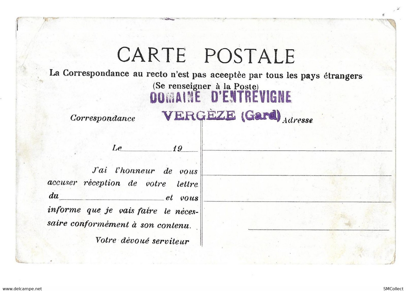 Vergèze, Domaine D'entrevigne, Carte Servant D'accusé De Réception (A10p92) - Vergèze