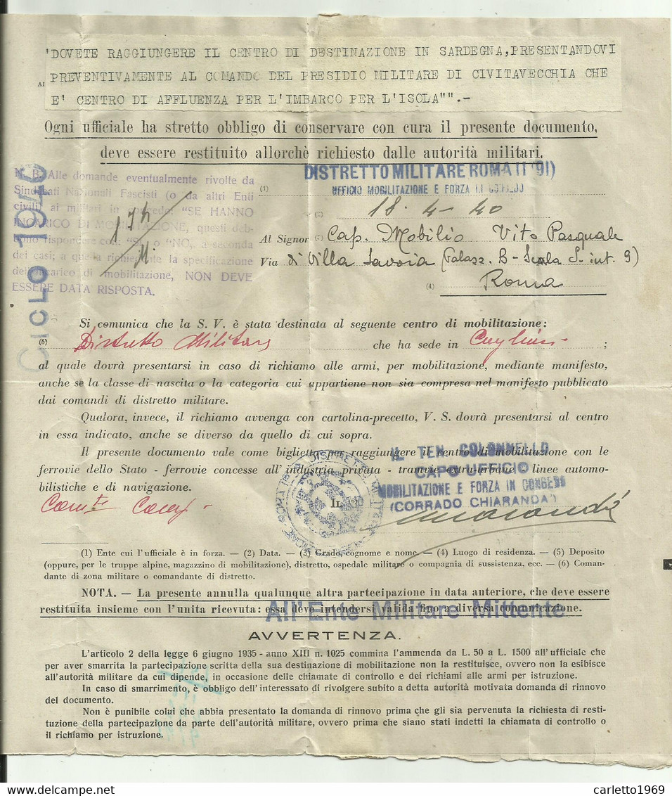 DOCUMENTO PER MOBILITAZIONE DISTRETTO MILITARE ROMA PER RAGGIUNGERE CENTRO IN SARDEGNA 1940 - Documenti