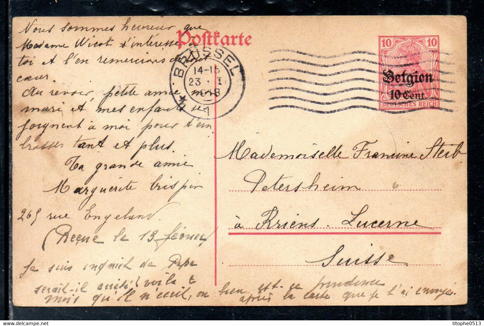 ALLEMAGNE/BELGIQUE. Carte Pré-timbrée Ayant Circulé En 1918. De Bruxelles Pour La Suisse. - Deutsche Besatzung