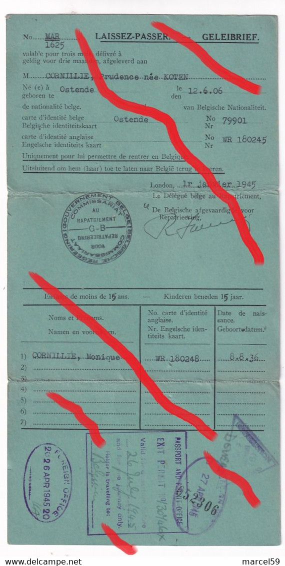 Laissez - Passer Oostende 1945 Engels Begeer "Port Security Control  Permit Koten Prudence Foreign Office Britsh Armee - 1939-45