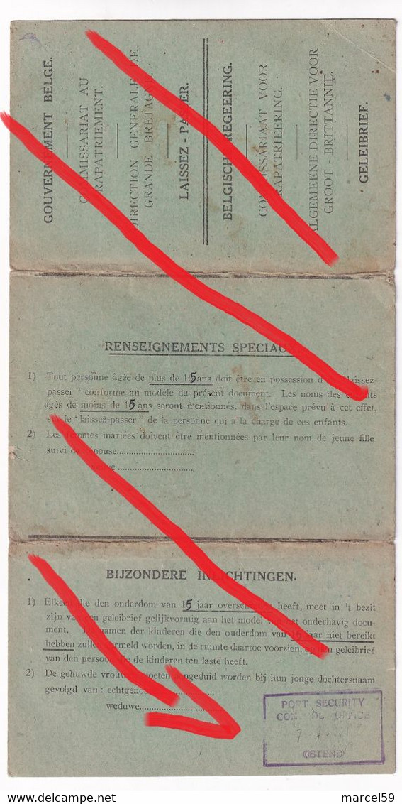 Laissez - Passer Oostende 1945 Engels Begeer "Port Security Control  Permit Koten Prudence Foreign Office Britsh Armee - 1939-45