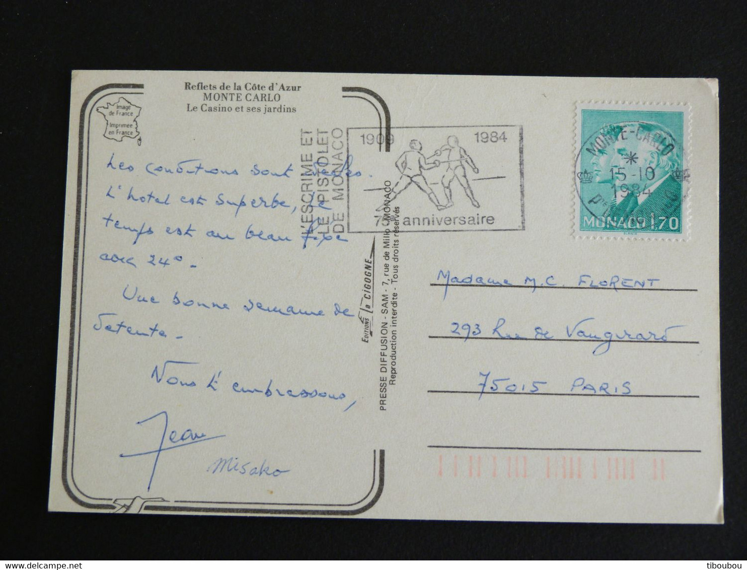 LETTRE MONACO AVEC YT 1430 PRINCE RAINIER III PRINCE ALBERT - FLAMME ESCRIME ET PISTOLET 1984 - LE CASINO ET SES JARDINS - Covers & Documents