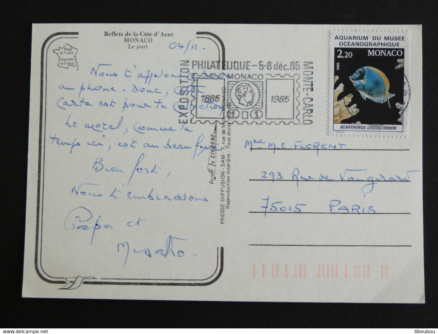 LETTRE MONACO AVEC YT 1484 POISSON CHIRURGIEN POITRINE BLANCHE FISH - FLAMME SALON PHILATELIQUE 1985 - Lettres & Documents