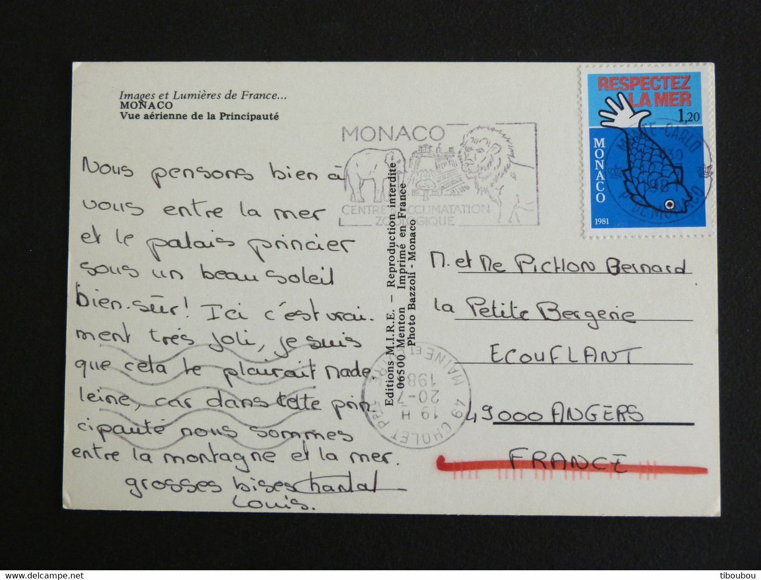 LETTRE MONACO AVEC YT 1264 PROTECTION VIE MARINE POISSON FISH - FLAMME CENTRE D'ACCLIMATATION ZOOLOGIQUE ELEPHANT LION - Cartas & Documentos