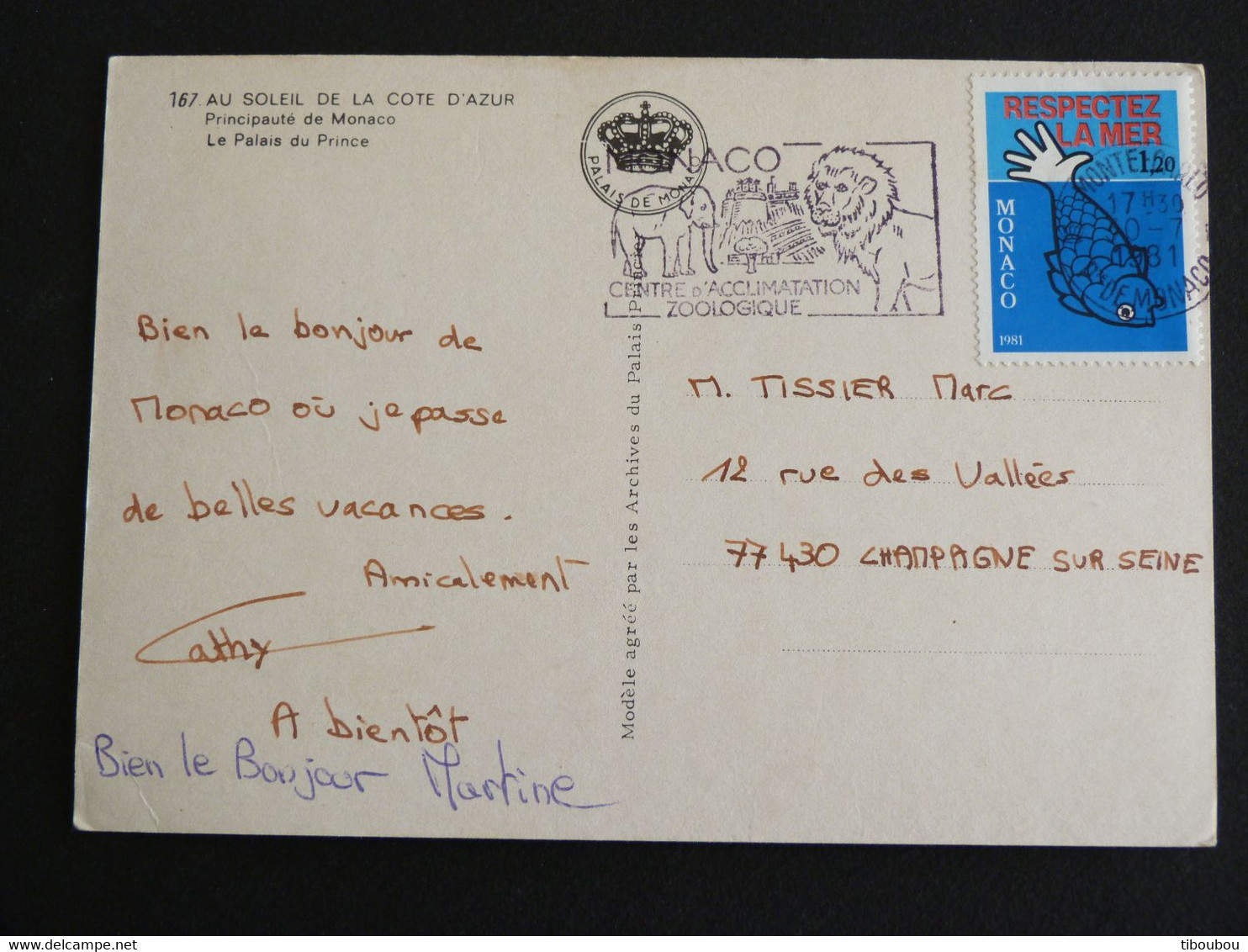 LETTRE MONACO AVEC YT 1264 PROTECTION VIE MARINE POISSON FISH - FLAMME CENTRE D'ACCLIMATATION ZOOLOGIQUE ELEPHANT LION - Storia Postale