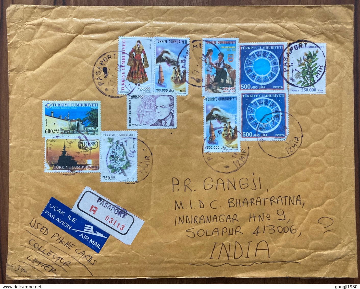 TURKEY,2006,AIR MAIL USED COVER TO INDIA,11 STAMPS,FLOWER,PLANT,EUROPA,SNOW,MOUNTAIN,SHIP,MOSQUE CULTURE,COSTUME,ZODIAC - Luftpost