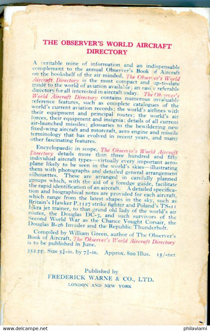 Observer's Book Of Aircraft 1961 William Green Illustrated 150 Aircrafts Avions Flugzeuge - Transportation