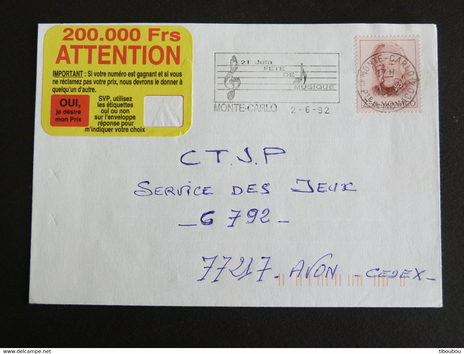 LETTRE MONACO AVEC YT 1780 RAINIER III - FLAMME FETE DE LA MUSIQUE 1992 - Covers & Documents