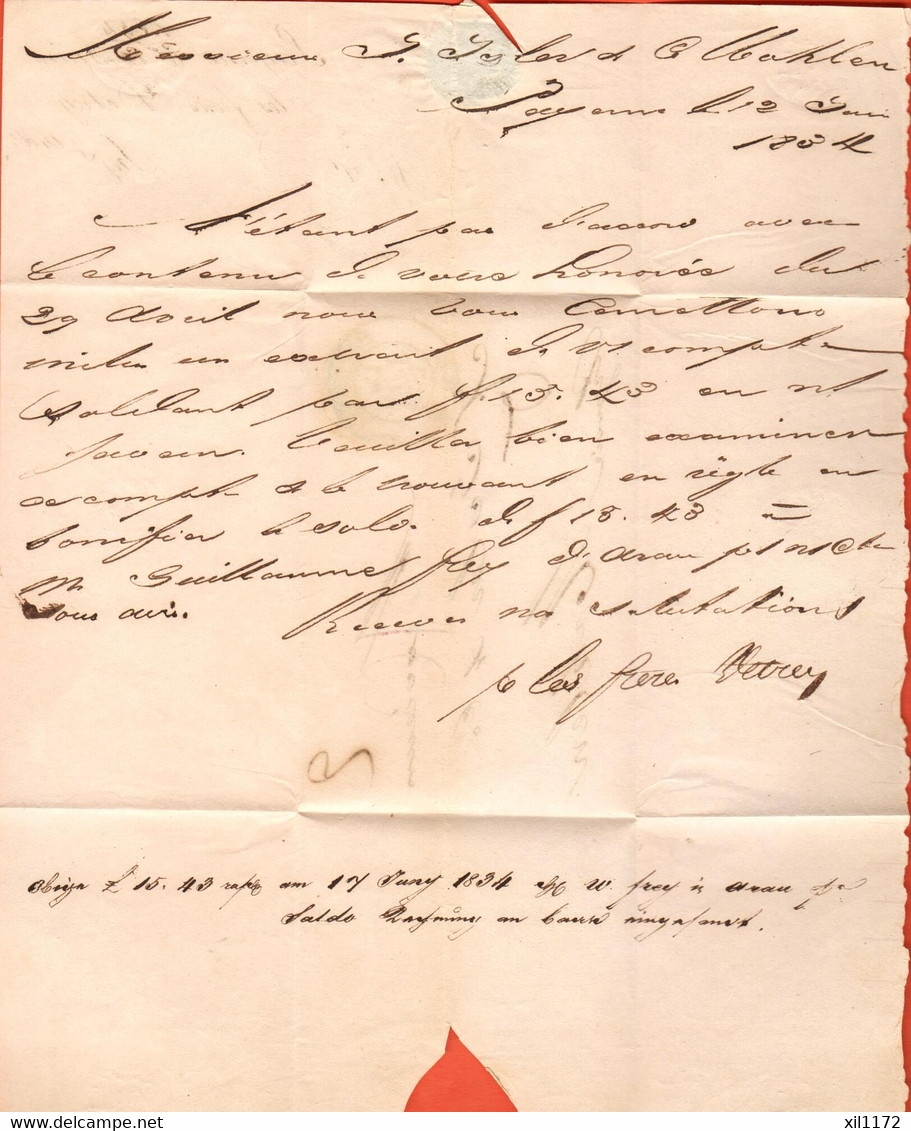 PPH2-04 RARE Lettre Envoyée De Payerne 12 Juin 1834 à Gessler Wohlen Aargau. Argovie - ...-1845 Prefilatelia