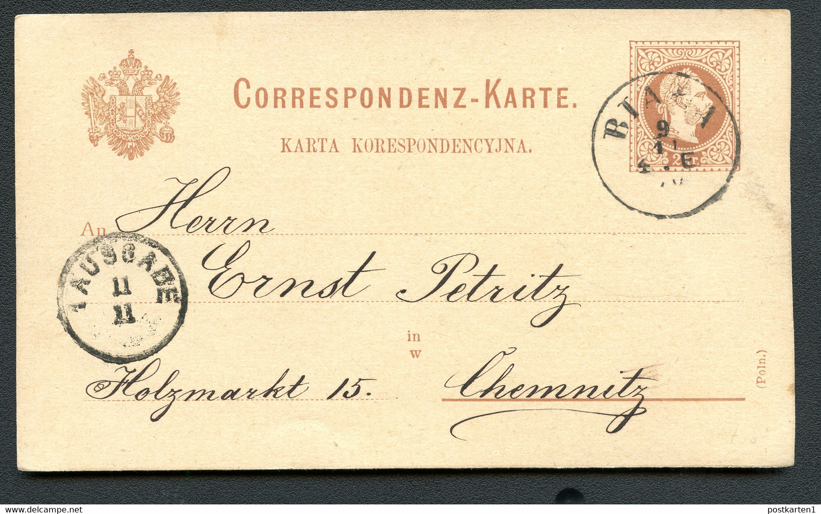 ÖSTERREICH Postkarte P28a Bielitz Bielsko-Biała - Chemnitz 1876 Kat. 12,00 € - Otros & Sin Clasificación