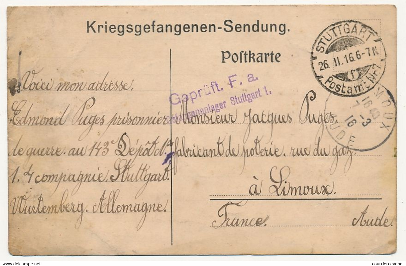 Carte Prisonnier Français - Camp De Stuttgart - 26/2/1916 - Griffe De Censure Geprüft F.a. Gefangenenlager Stuttgart I. - 1. Weltkrieg 1914-1918