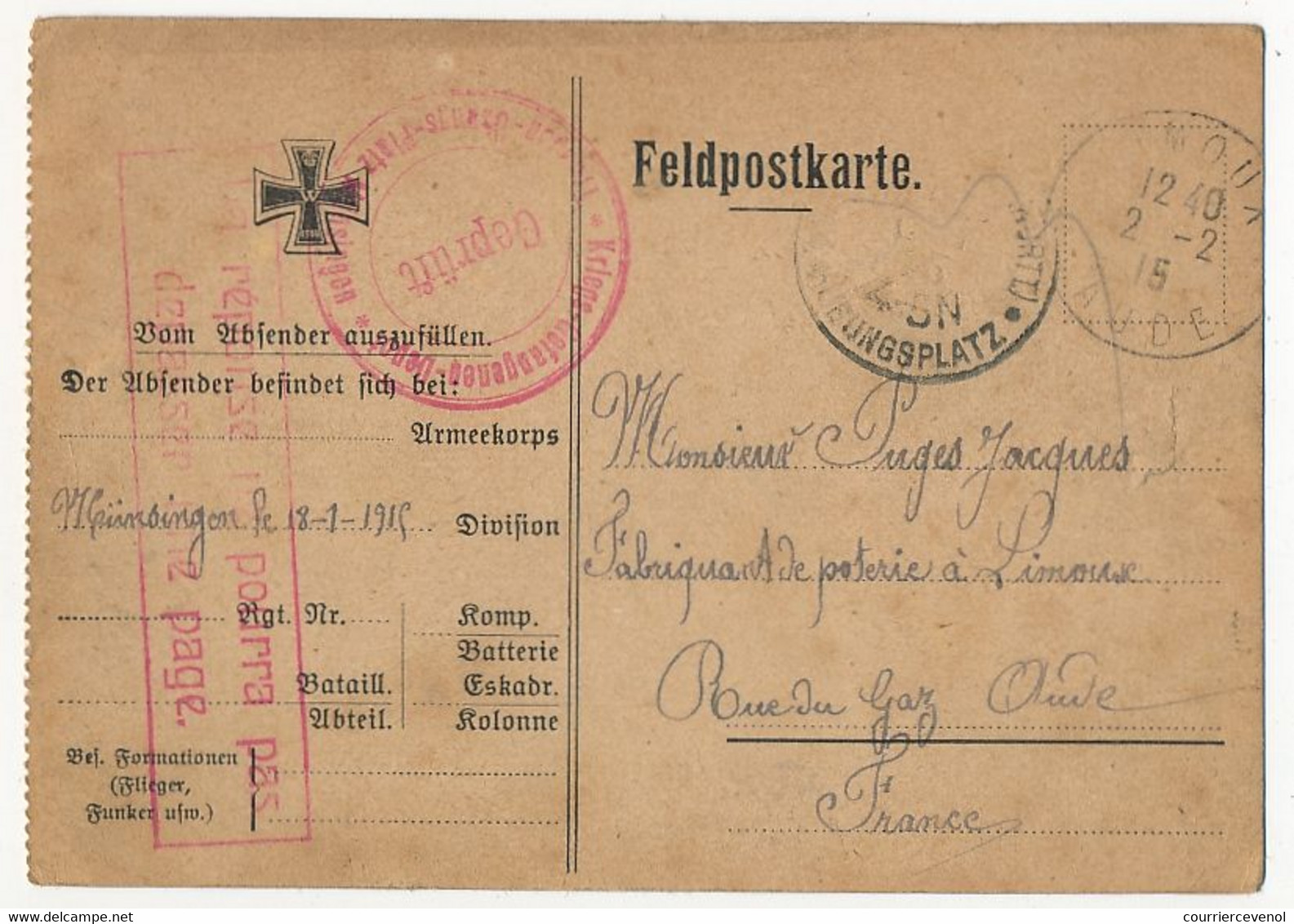 Carte Prisonnier Français - Camp De Münsingen 18/3/1915 - Petite Illustration Croix De Fer - Guerre De 1914-18