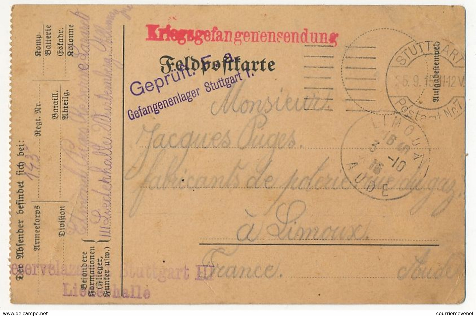 Carte Prisonnier Français - Camp De Stuttgart - Oct 1916 - Griffe De Censure Geprüft F.a. Gefangenenlager Stuttgart I. - 1. Weltkrieg 1914-1918