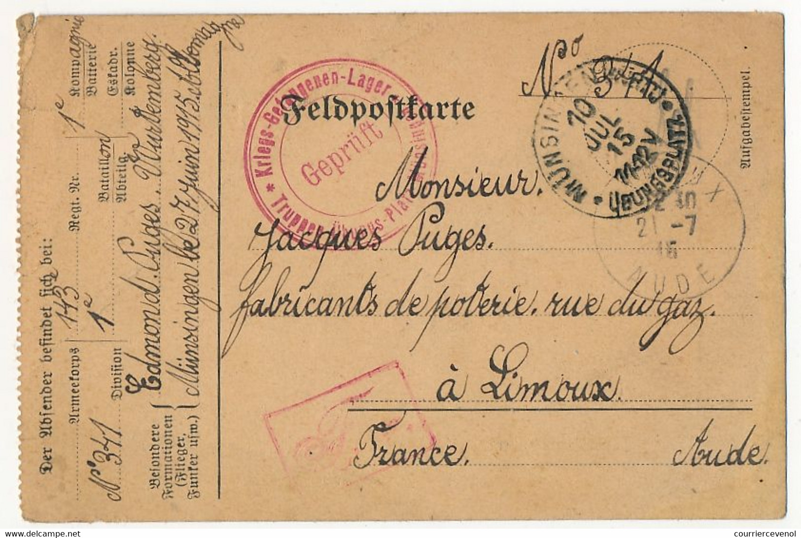 Carte Prisonnier Français - Camp De Münsingen - 27/6/1915 - Censure - Guerre De 1914-18