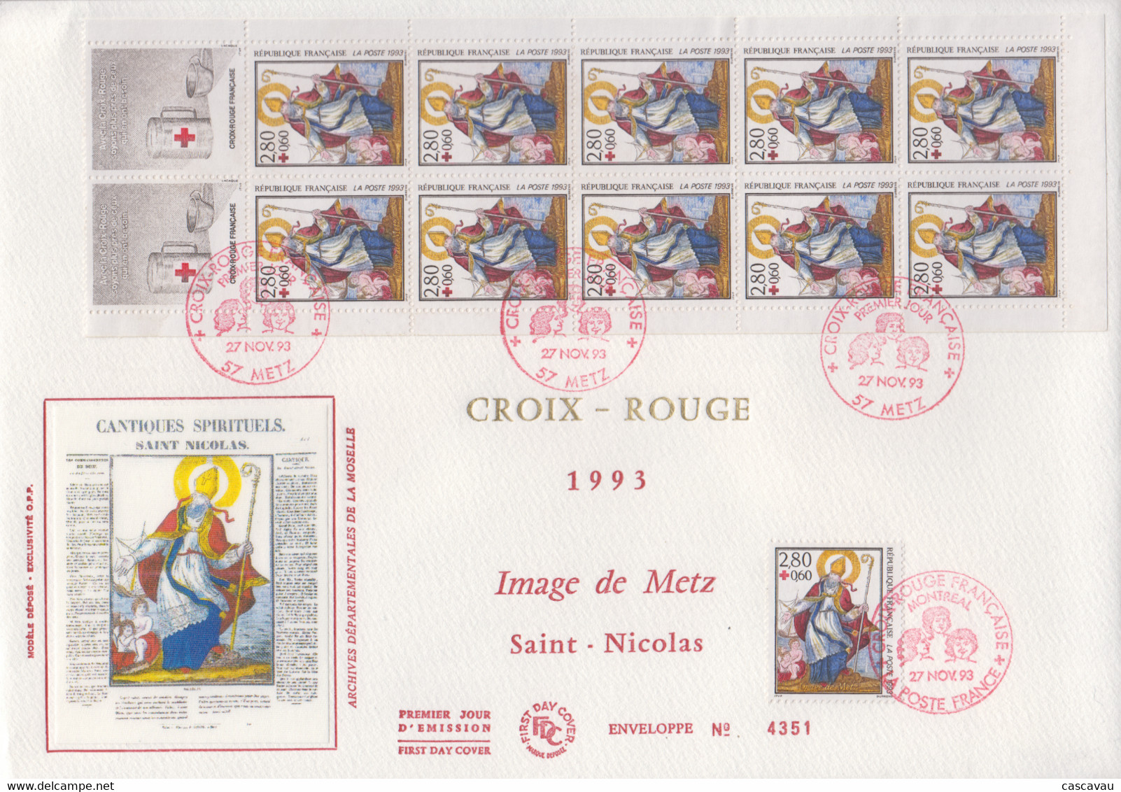 Enveloppe  FDC  Grand  Format  1er  Jour   FRANCE   SAINT   NICOLAS    Bande  Carnet   CROIX  ROUGE   METZ   1993 - 1990-1999