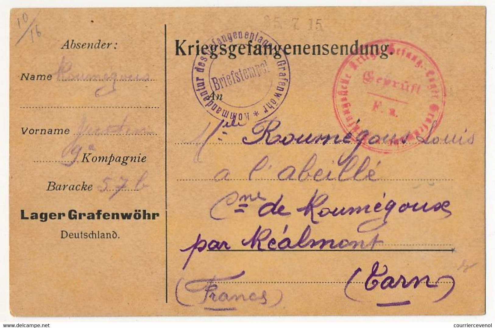 Carte Prisonnier Français - Camp De Grafenwöhr - 23/7/1915 - 2 Cachets De Censure - WW I