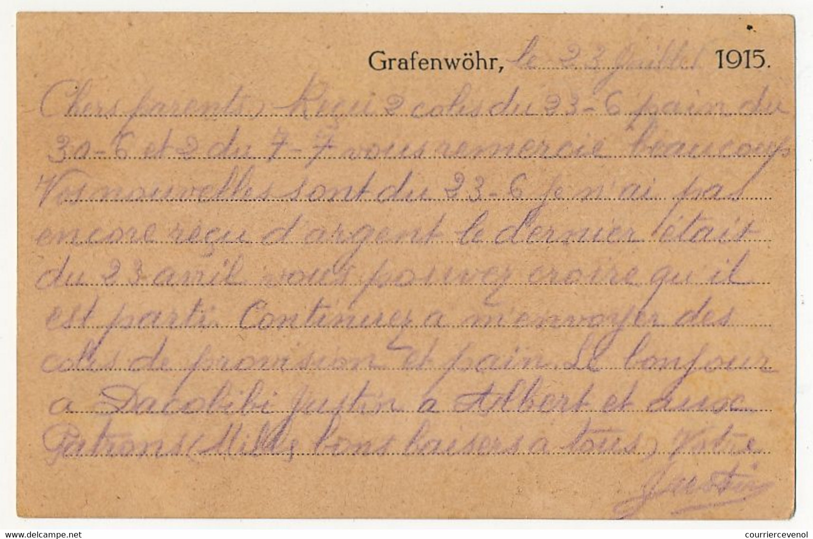 Carte Prisonnier Français - Camp De Grafenwöhr - 23/7/1915 - 2 Cachets De Censure - Guerre De 1914-18