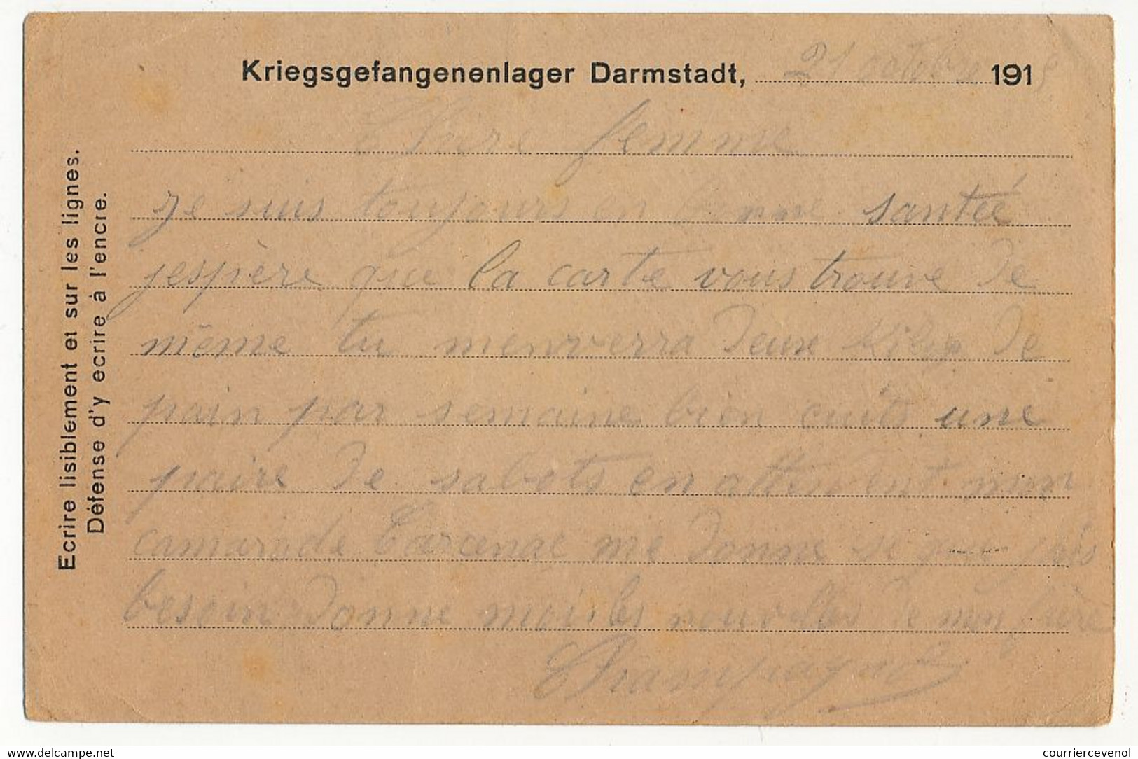 Carte Prisonnier Français - Camp De Darmstadt - 4/11/1915 - Cachet De Censure - WW I