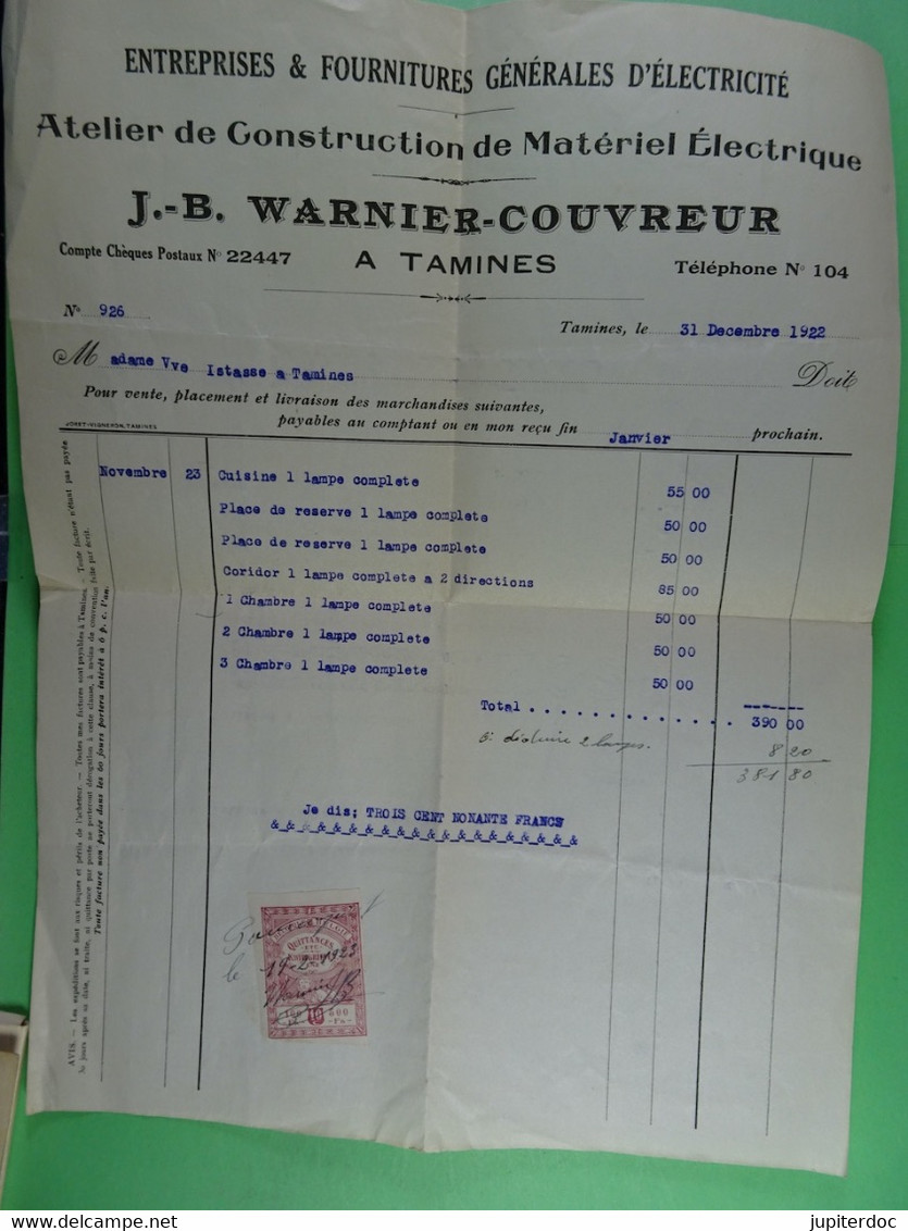 Entreprises & Fournitures Générales D'Electricité J.-B. Warnier-Couvreur à Tamines 1922 - Elettricità & Gas