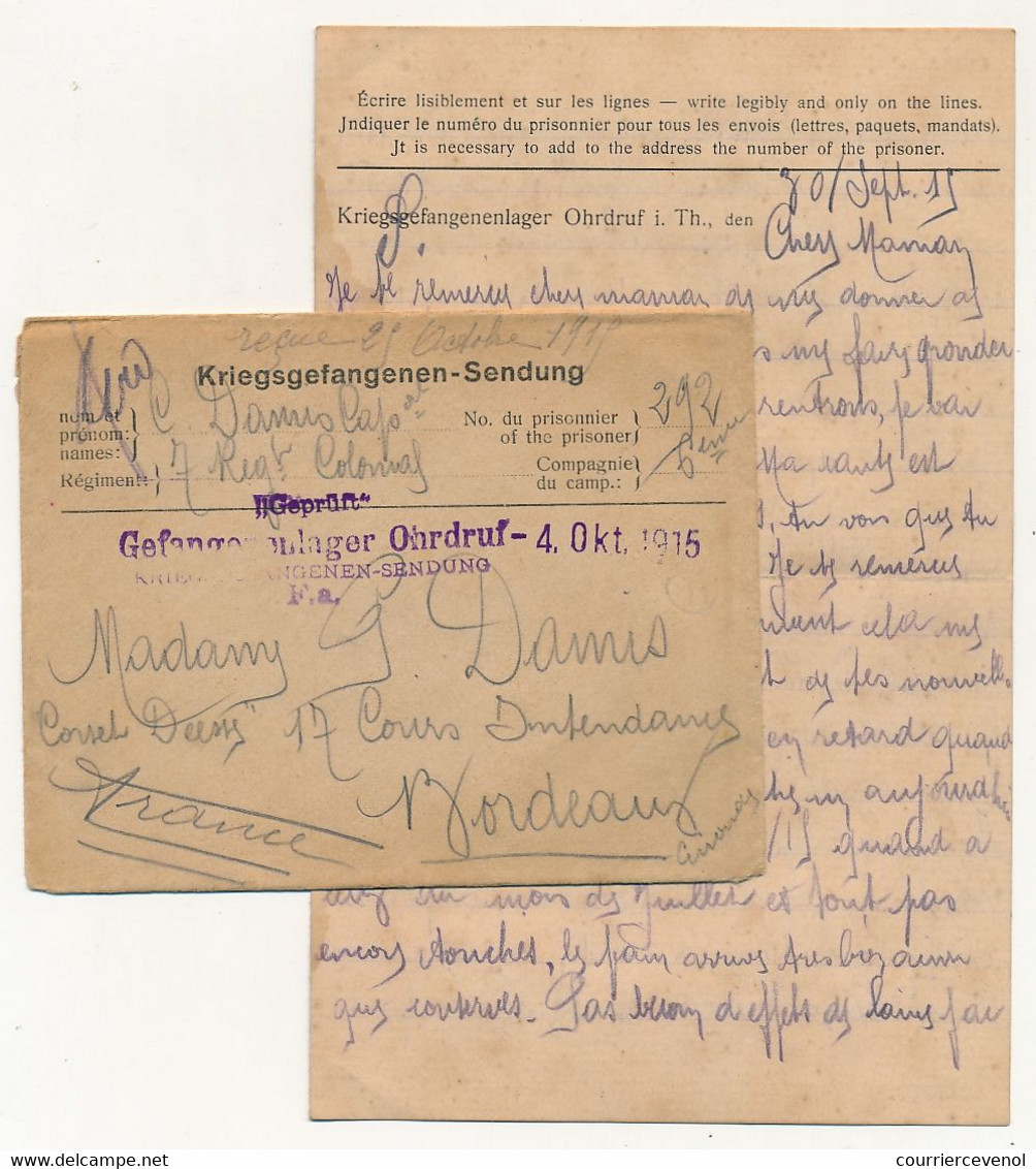 Lettre Prisonnier Français - Camp De Ohrdruf - 4 Octobre 1915 - Cachets De Censure - 1. Weltkrieg 1914-1918