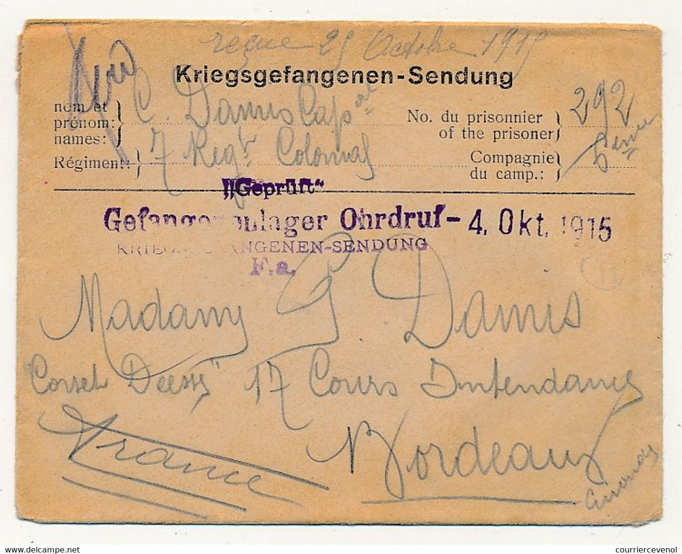 Lettre Prisonnier Français - Camp De Ohrdruf - 4 Octobre 1915 - Cachets De Censure - 1. Weltkrieg 1914-1918