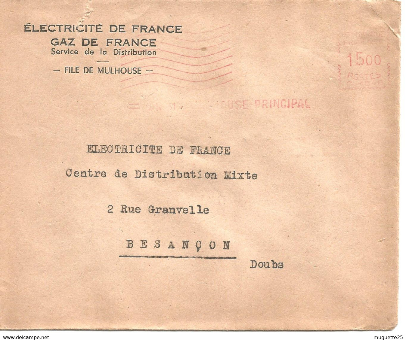 France Enveloppe -Electricité Et Gaz De France (File De Mulhouse) Avec EMA 1950 - Fabrieken En Industrieën