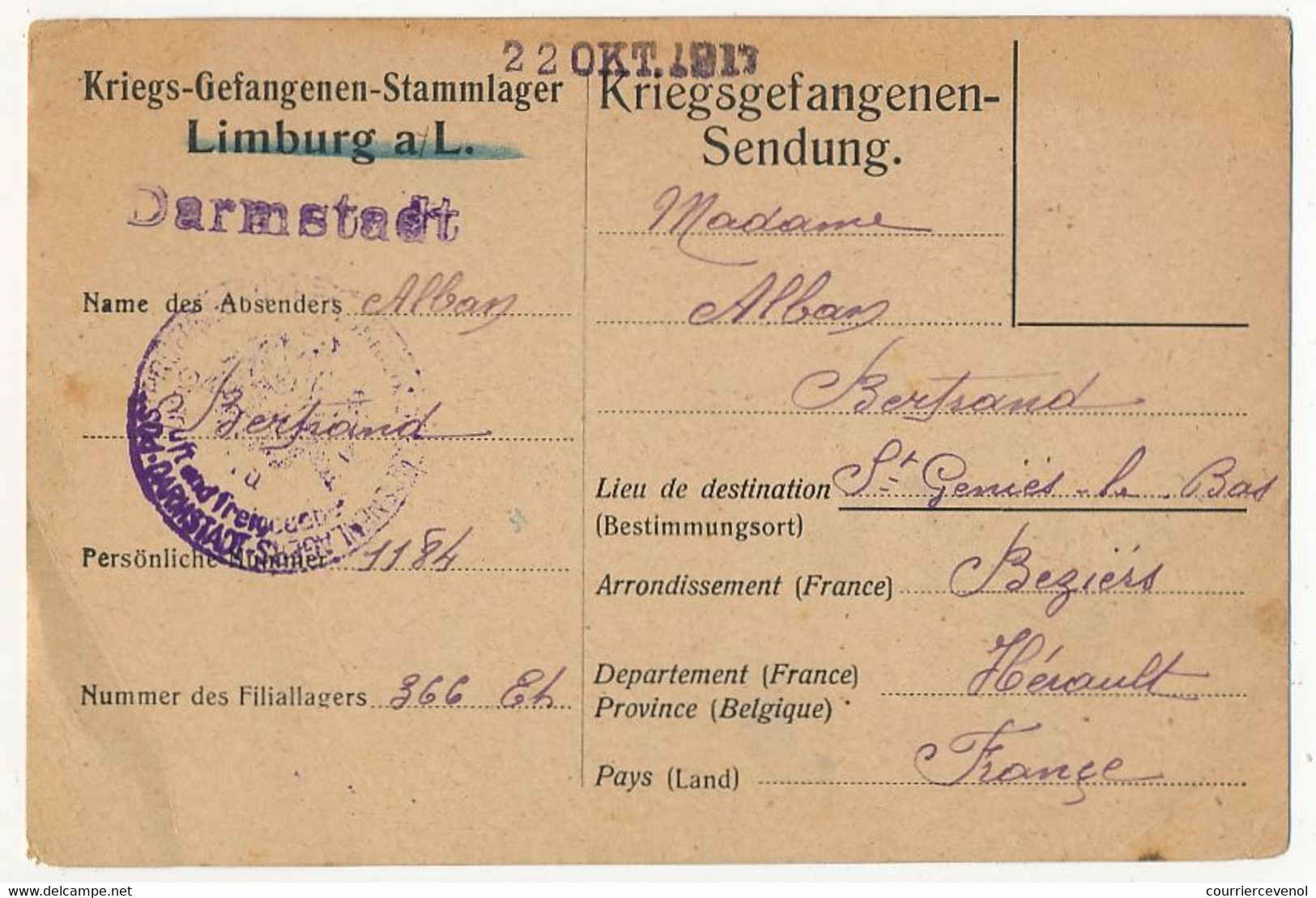 Carte Prisonnier Français - Camp De Darmstadt Sur Formule De Limburg A.L - 22 Oct 1917 - Censure (faible) - WW I