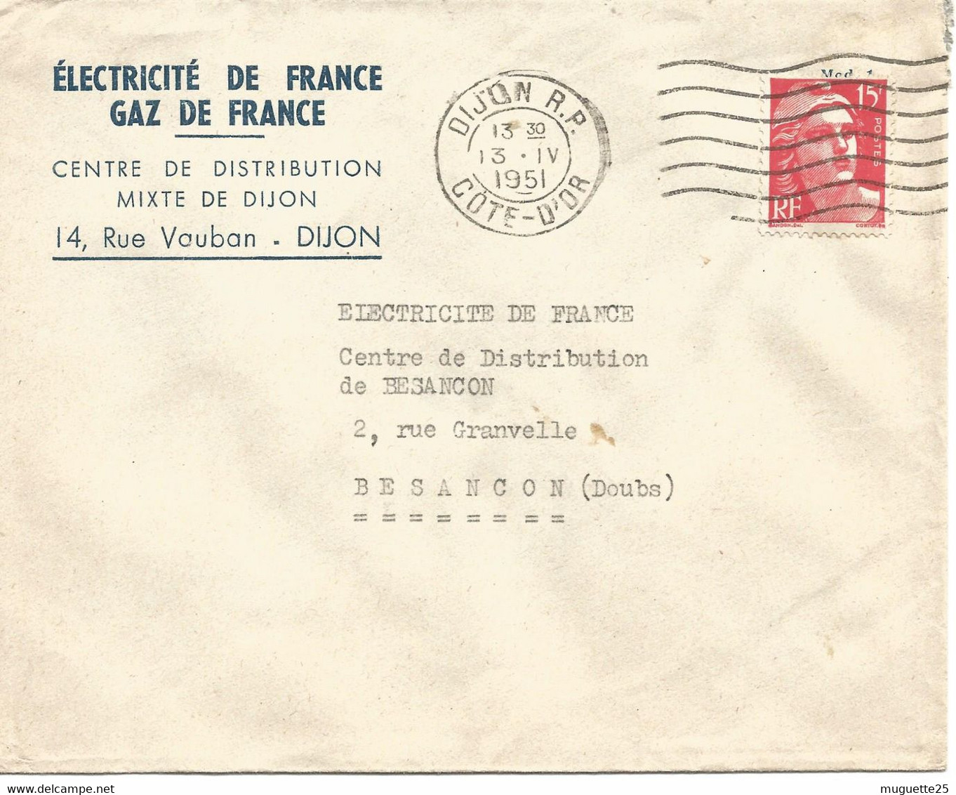 France Enveloppe -Electricité Et Gaz De France (Dijon) Timbre à Date 1951 - Fabriken Und Industrien