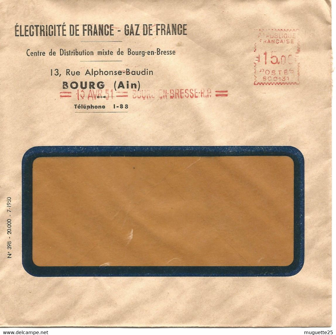 France Enveloppe -Electricité Et Gaz De France (Bourg-Ain) EMA 1951 - Fabriken Und Industrien