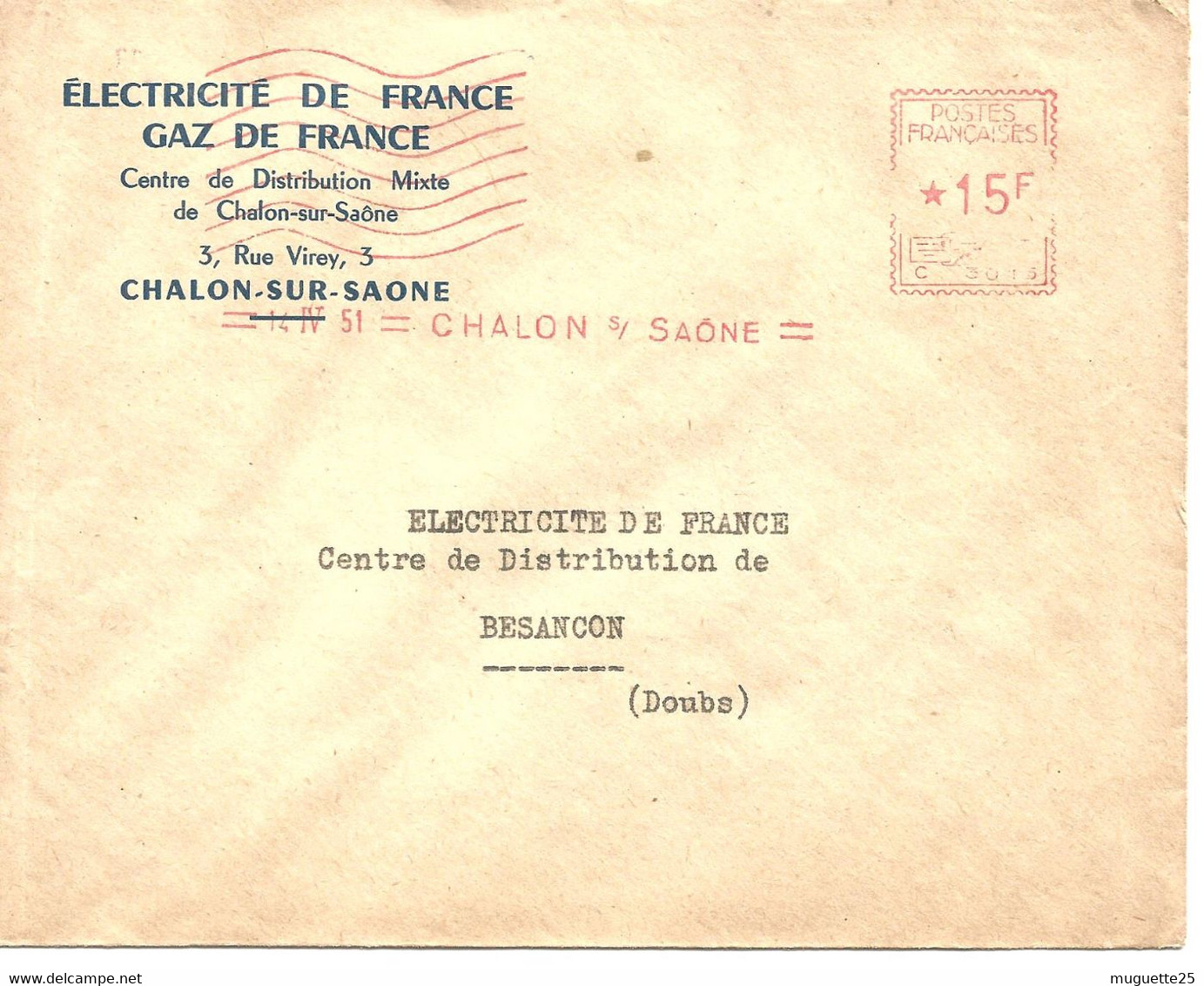 France Enveloppe -Electricité Et Gaz De France (Chalon Sur Sâone) EMA 1951 - Fabrieken En Industrieën