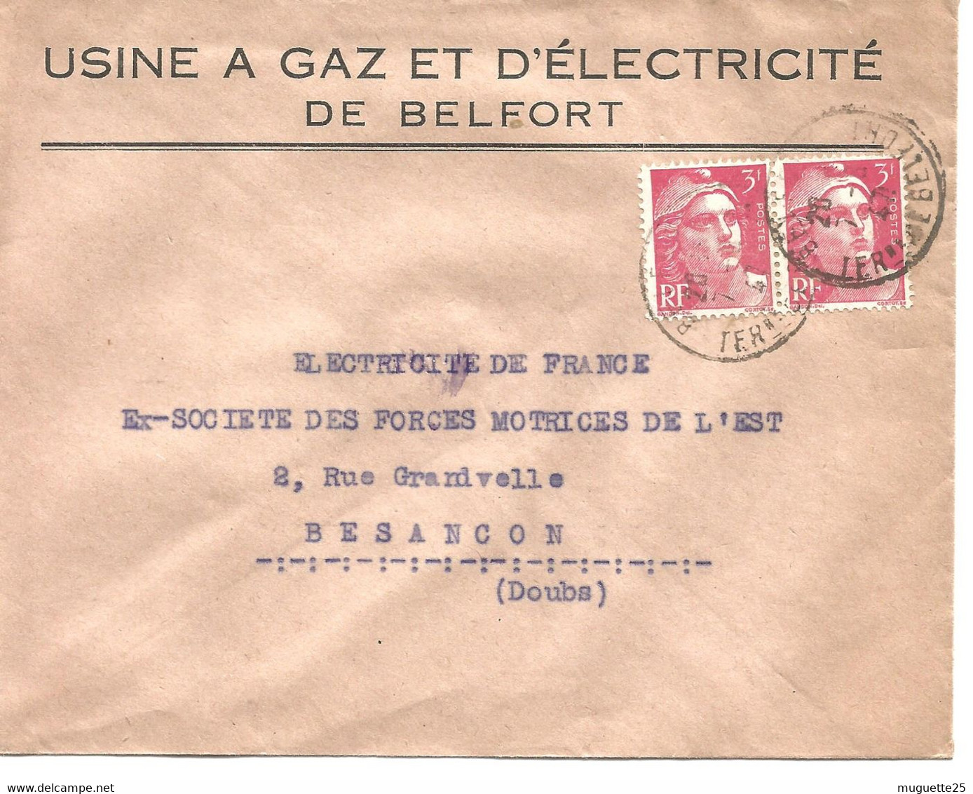 France Enveloppe -Electricité Et Gaz De France (Belfort) Timbre à Date  1948 - Fabrieken En Industrieën