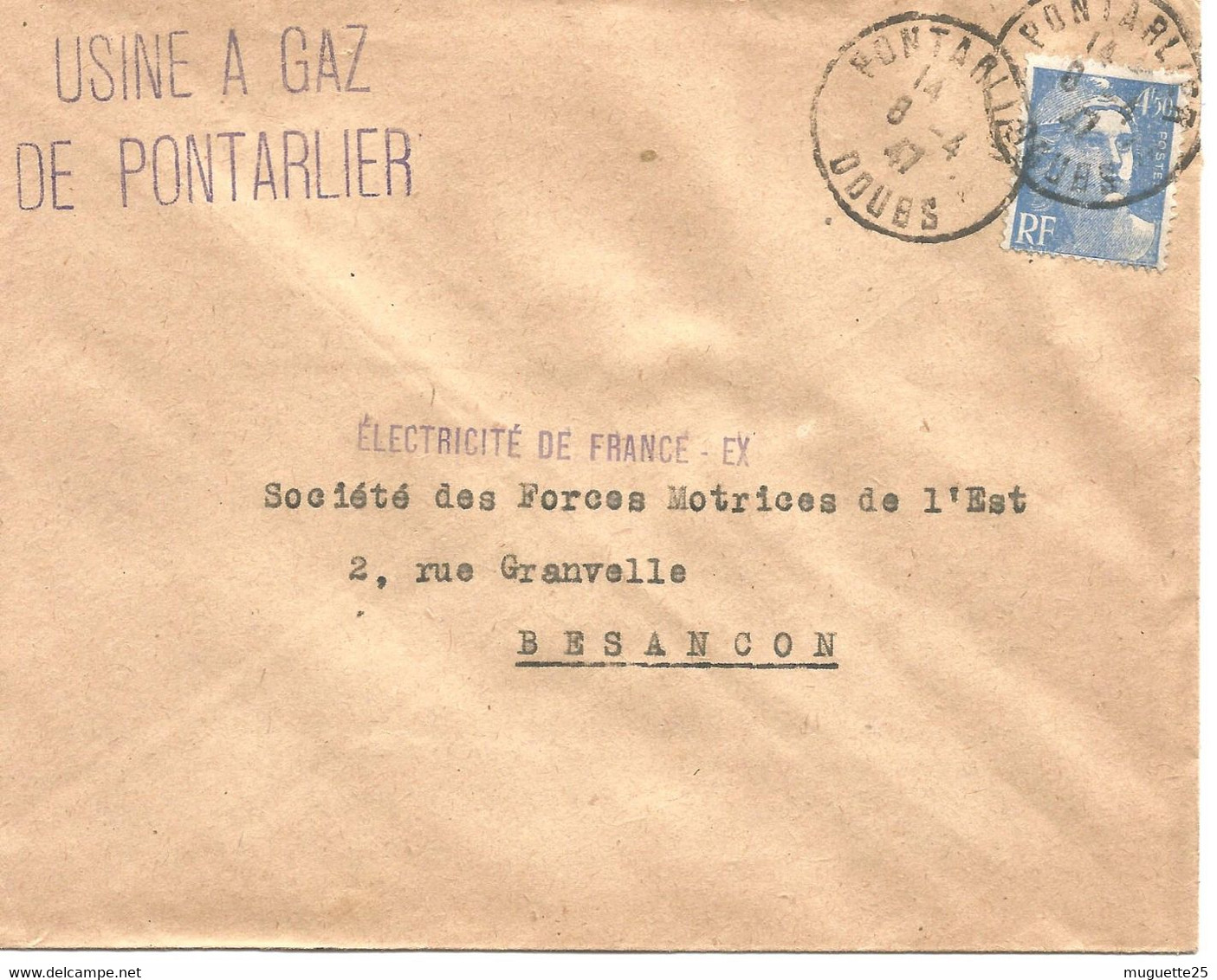 France Enveloppe -Electricité Et Gaz De France (Pontarlier) Timbre à Date  1947 - Factories & Industries