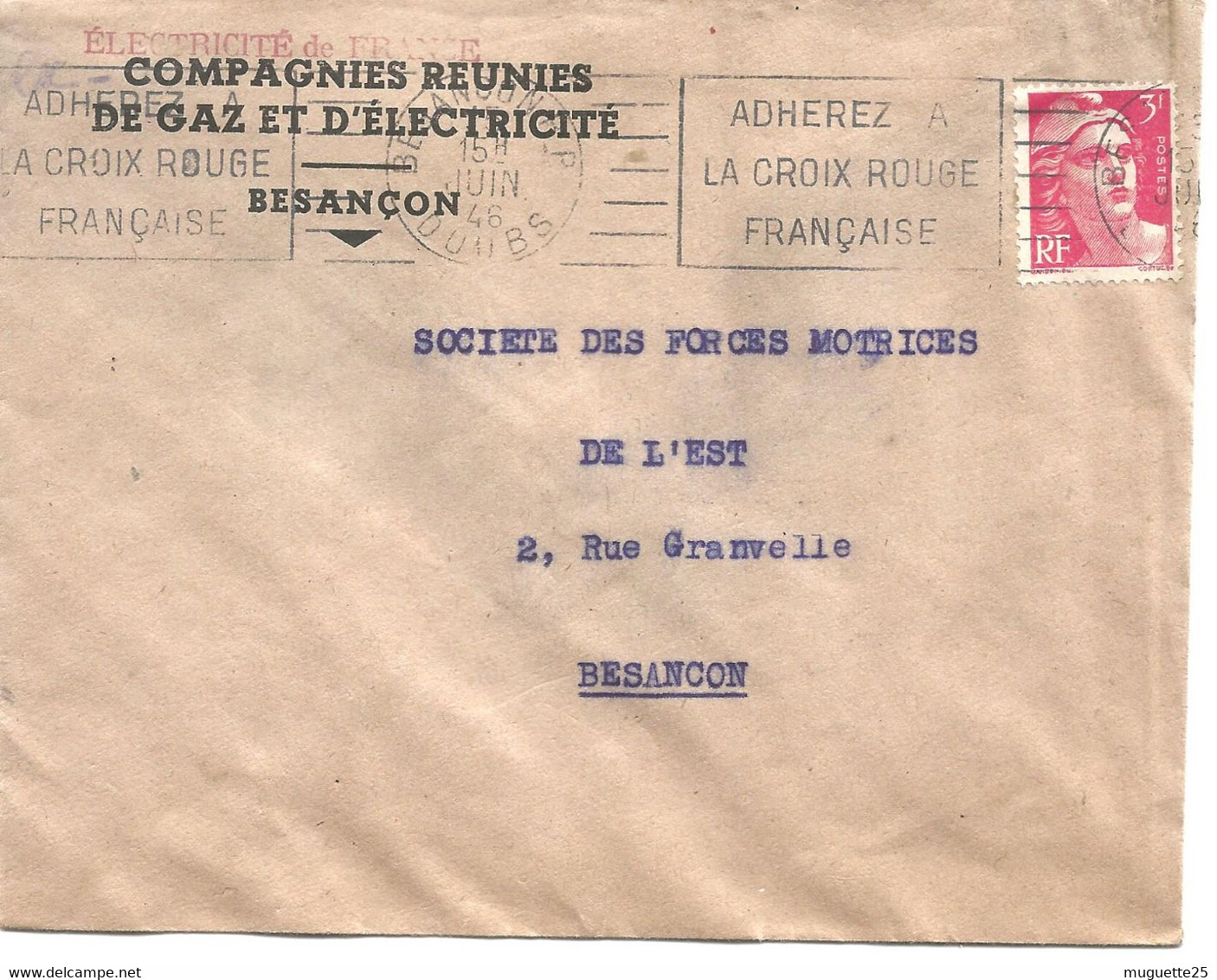 France Enveloppe -Compagnie Electricité Et Gaz( Besançon ) Timbre à Date  1946 - Fabrieken En Industrieën