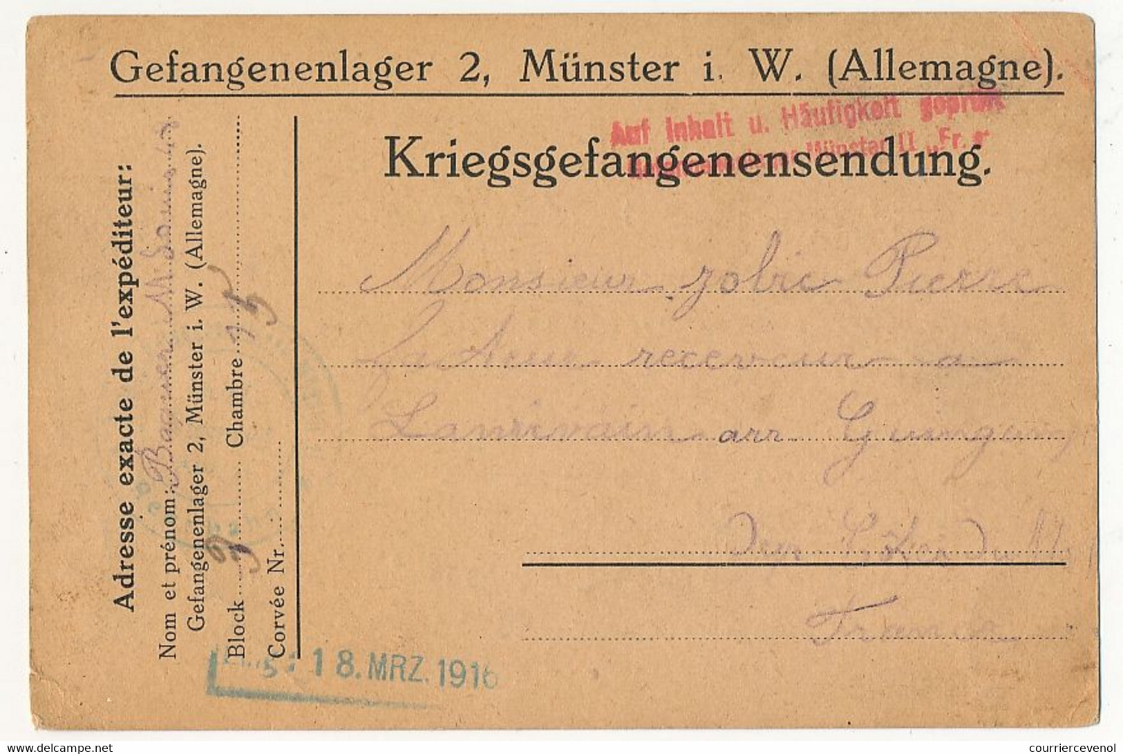 Carte Prisonnier Français - Camp De Münster I.W (2) - 18 Mars 1916 - Censure - Guerre De 1914-18