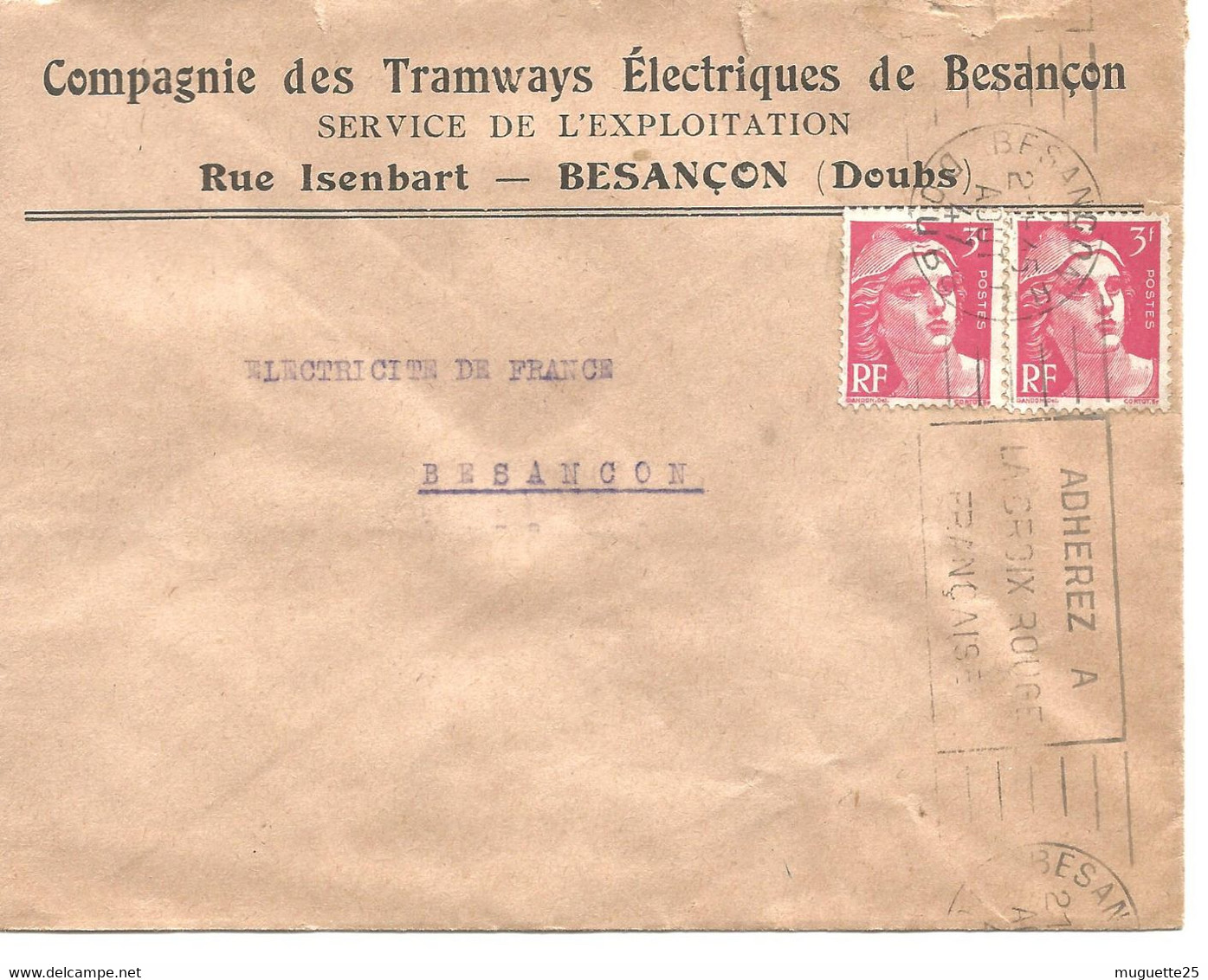 France Enveloppe -Compagnie Tramways électriques( Besançon ) Timbre à Date  1947 - Usines & Industries