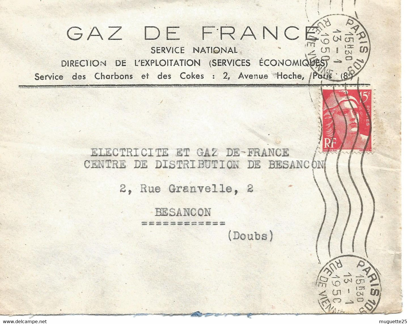 France Enveloppe -Gaz De France Paris) Timbre à Date  1950 - Factories & Industries