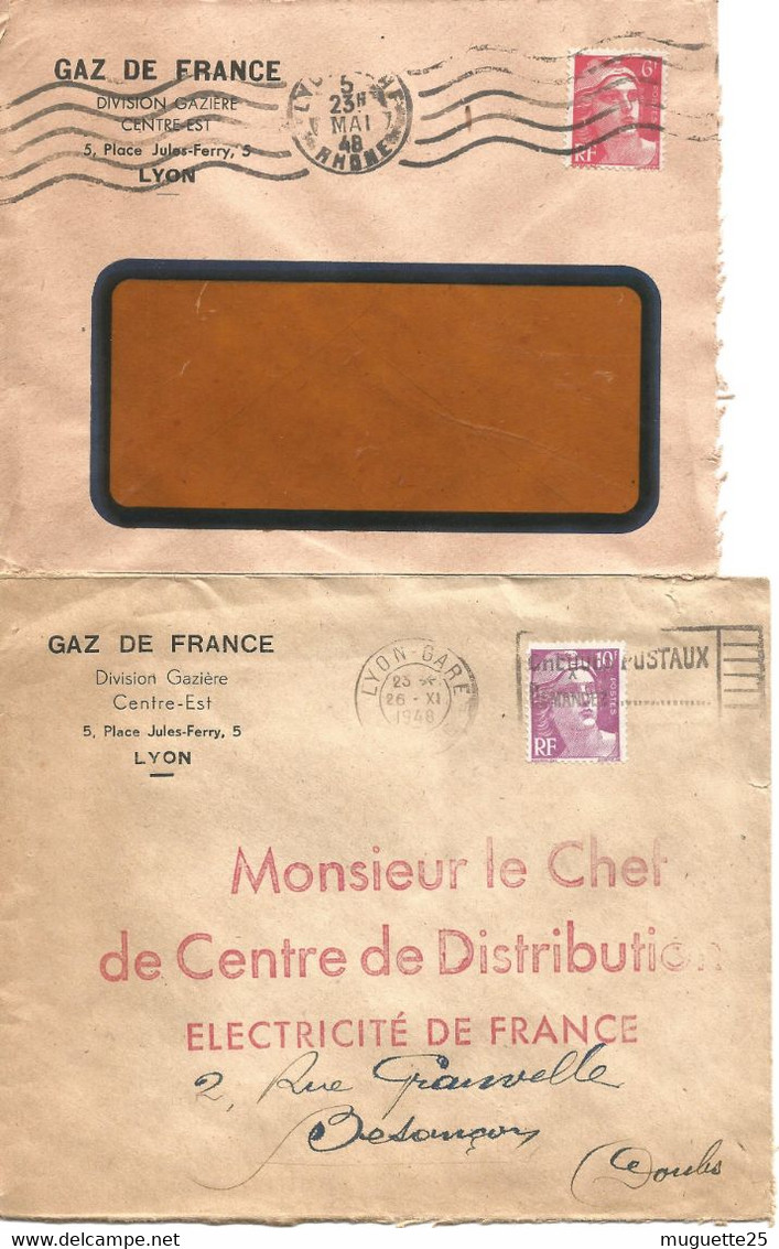 France Enveloppe -Gaz De France Lyon) Timbre à Date  1948 Lot De 2 - Usines & Industries