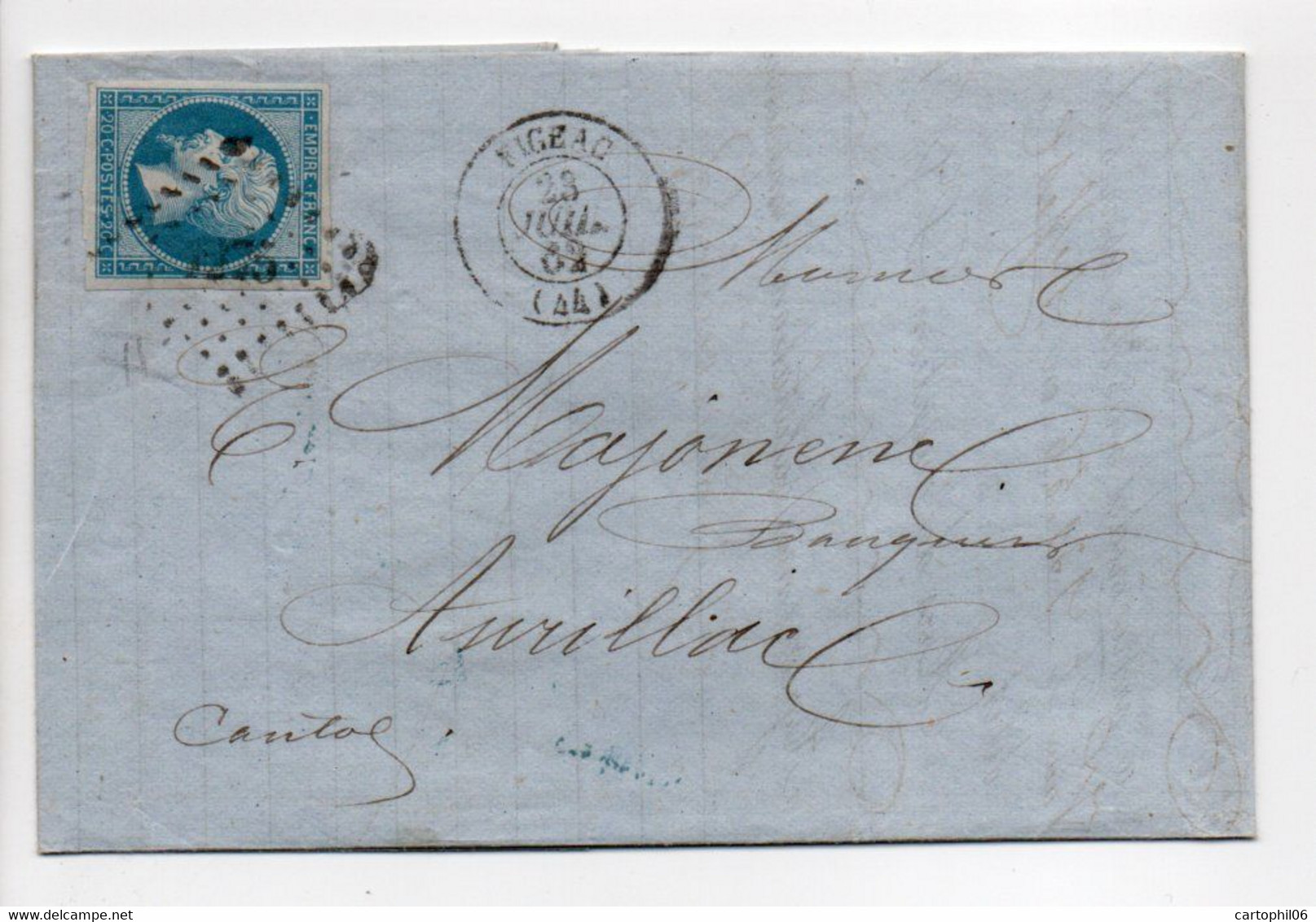 - Lettre Caisse D'Escompte LIÉVIN, FIGEAC Pour AURILLAC 23 JUIL 1862 - 20 C. Bleu Napoléon III Oblitéré Losange PC 1275 - 1849-1876: Classic Period