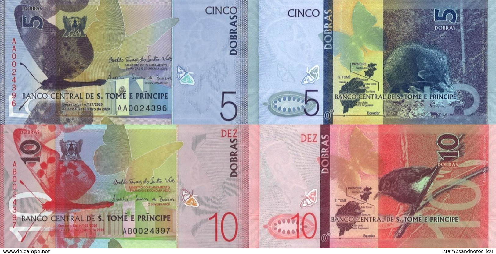 SAINT THOMAS & PRINCE 5 10 Dobras P W76 W77 2020 ( 2021 ) UNC Set 2 Banknotes Paper - San Tomé Y Príncipe